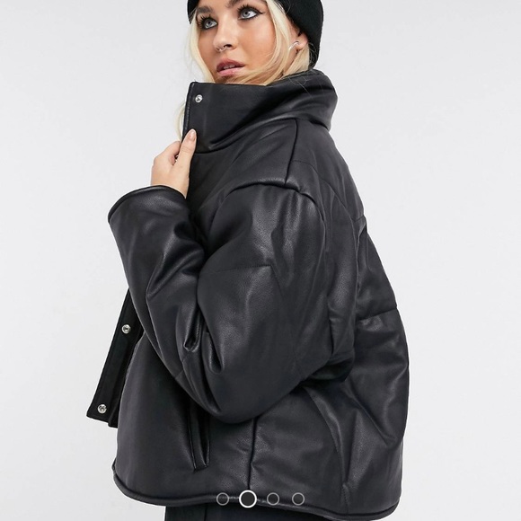 COLLUSION Double Layered Vegan Leather Puffer Jacket in Black Size US 4 - Picture 4 of 4
